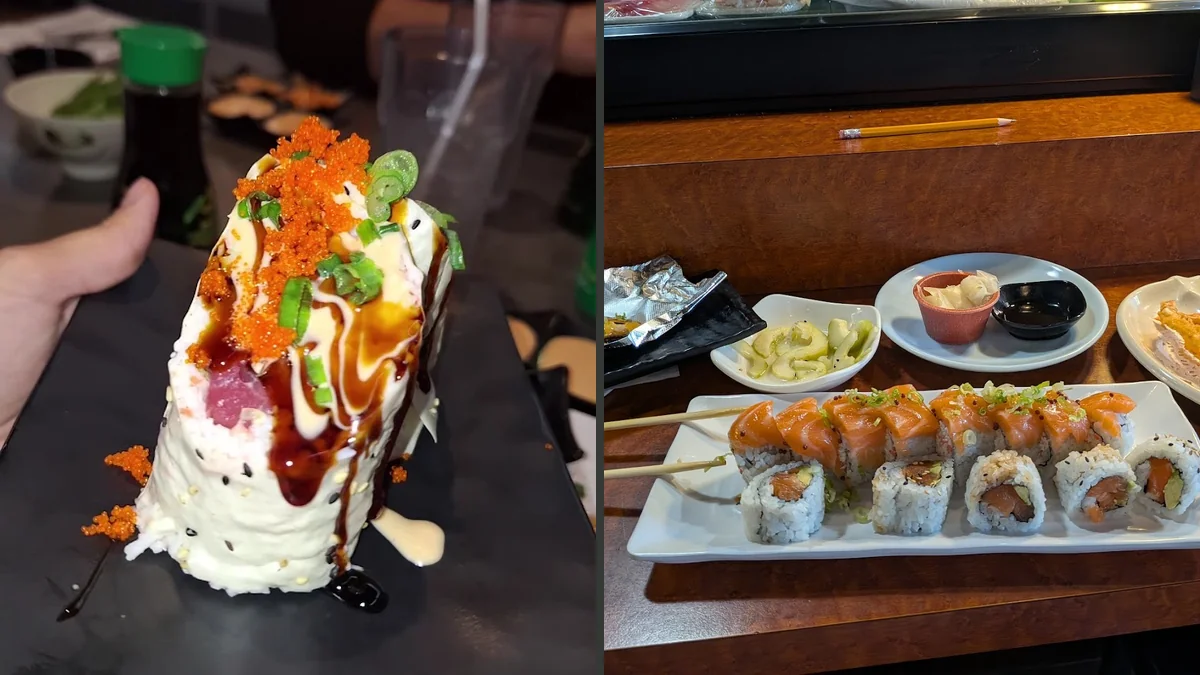 Sushi rolls arranged on a simple plate.
