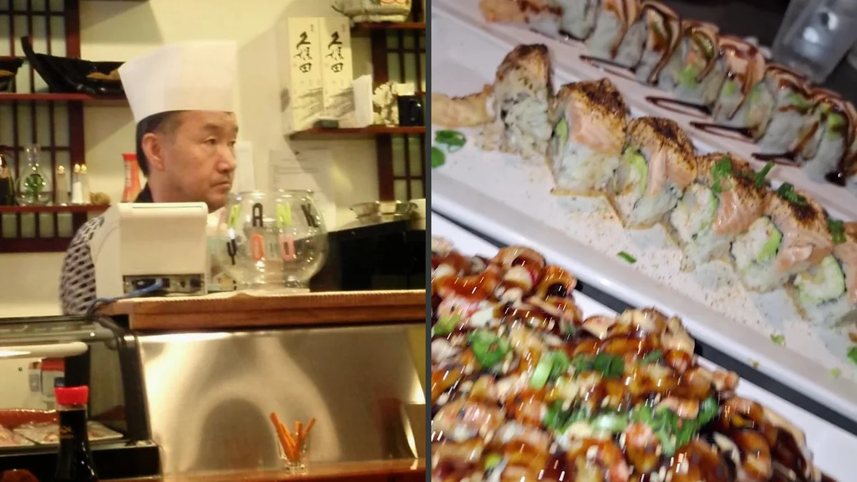 A table with rolls, noodles, and small plates.