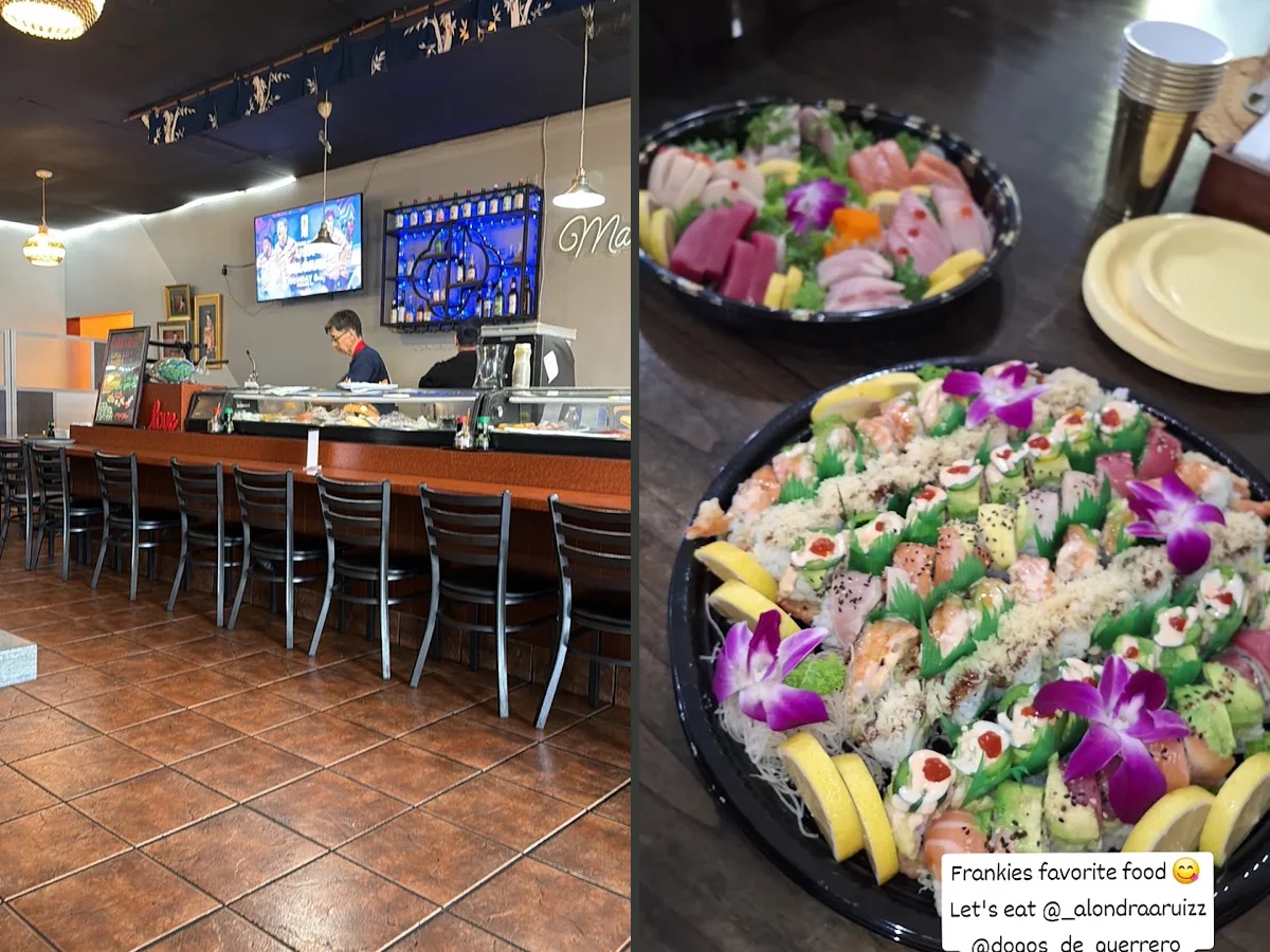 Casual restaurant seating with plated Japanese entrees.
