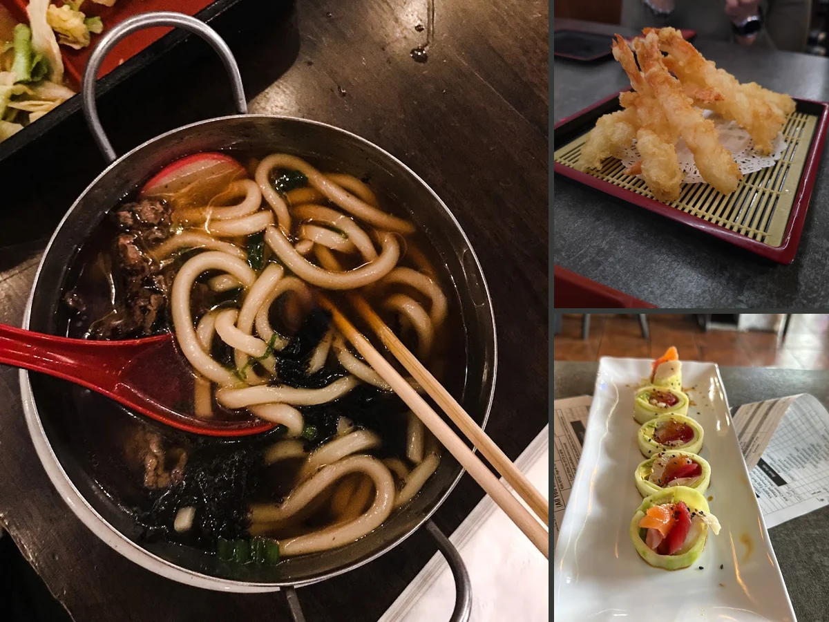 Casual restaurant seating with plated Japanese entrees.