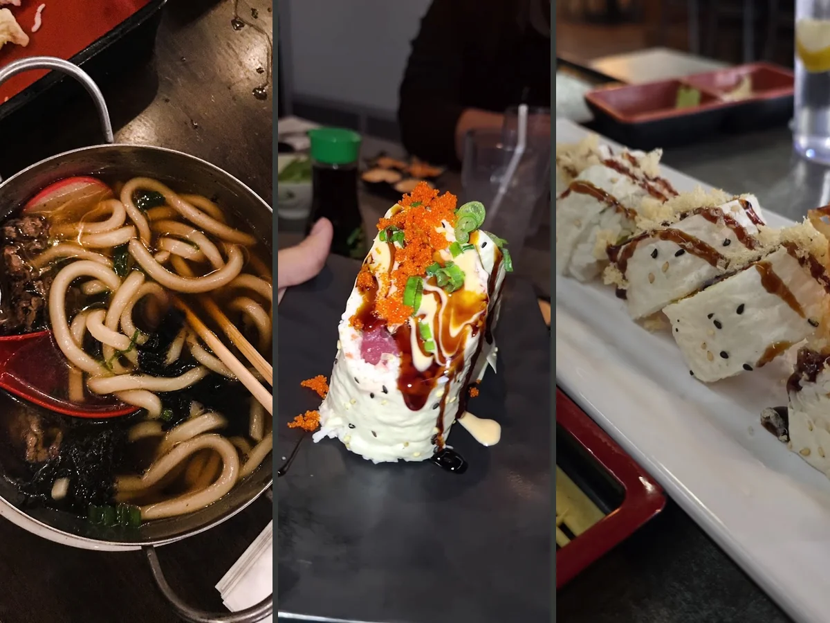 Casual restaurant seating with plated Japanese entrees.