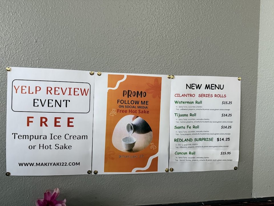 Printed menu with teriyaki, udon, and sushi.